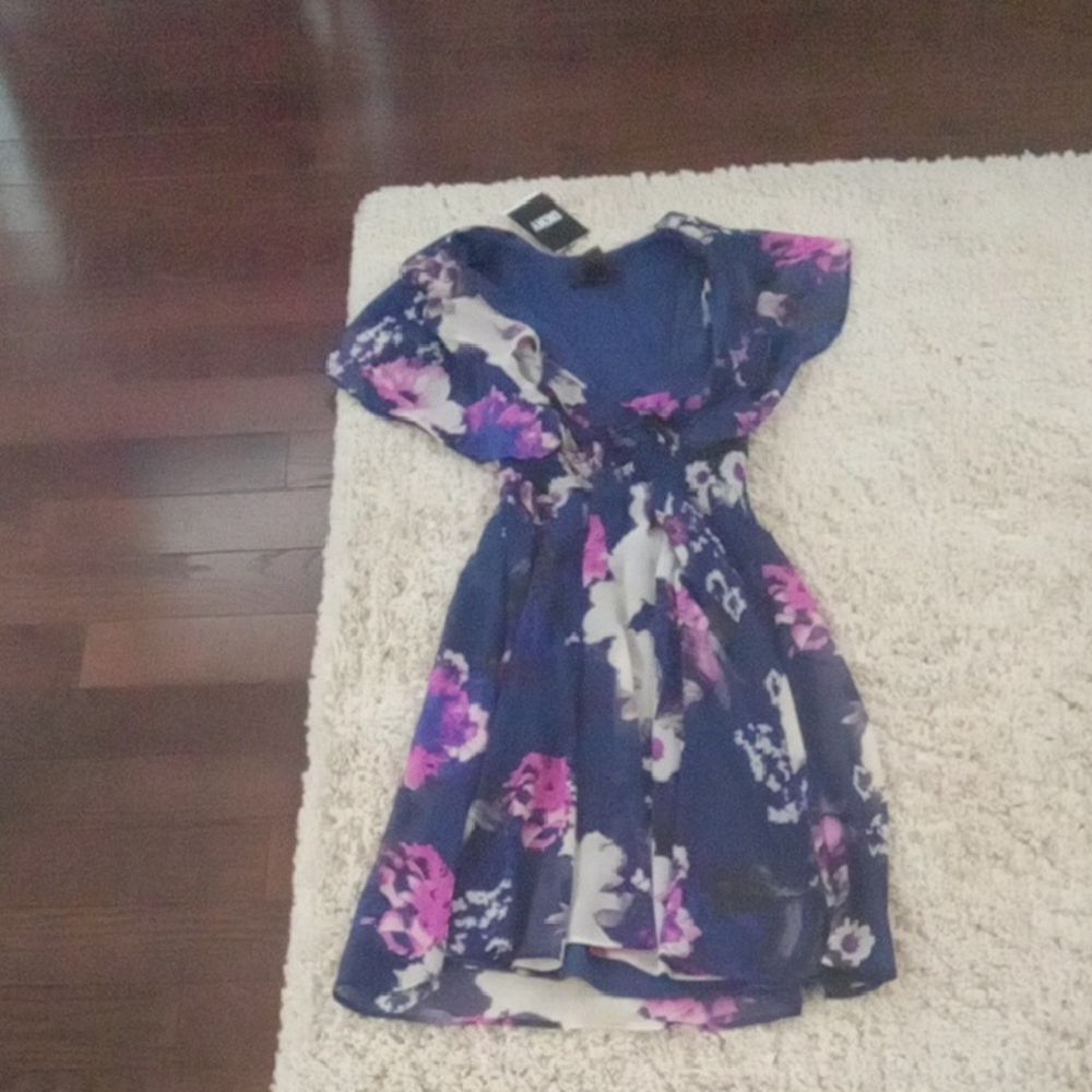 Dkny Blue And Pink Floral Ruffle Mini Dress . Size 4p Nwt